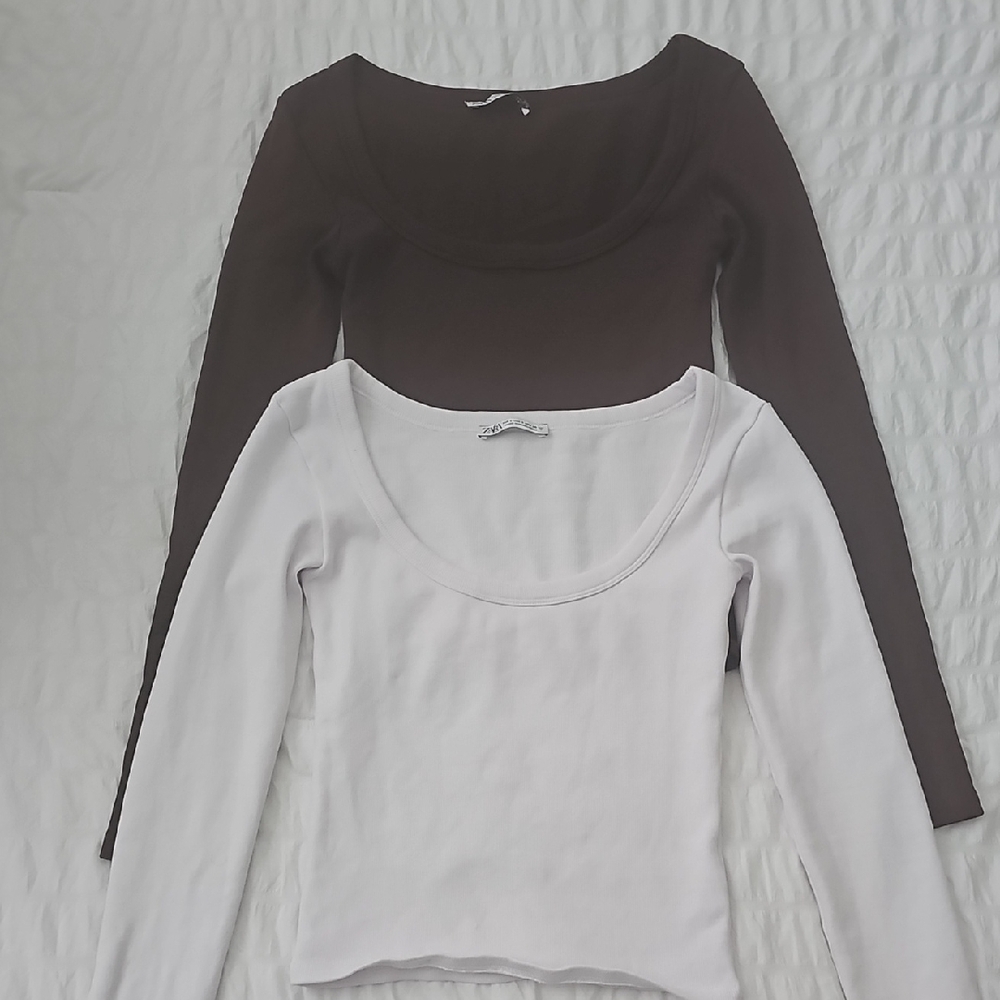 Zara Brown and White Scoop Neck Bodysuits